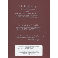Sermón que predicó en la sinagoga de Ámsterdam  (18 de marzo de 1724) el rabino Abraham Gabay Izidro, nacido en España